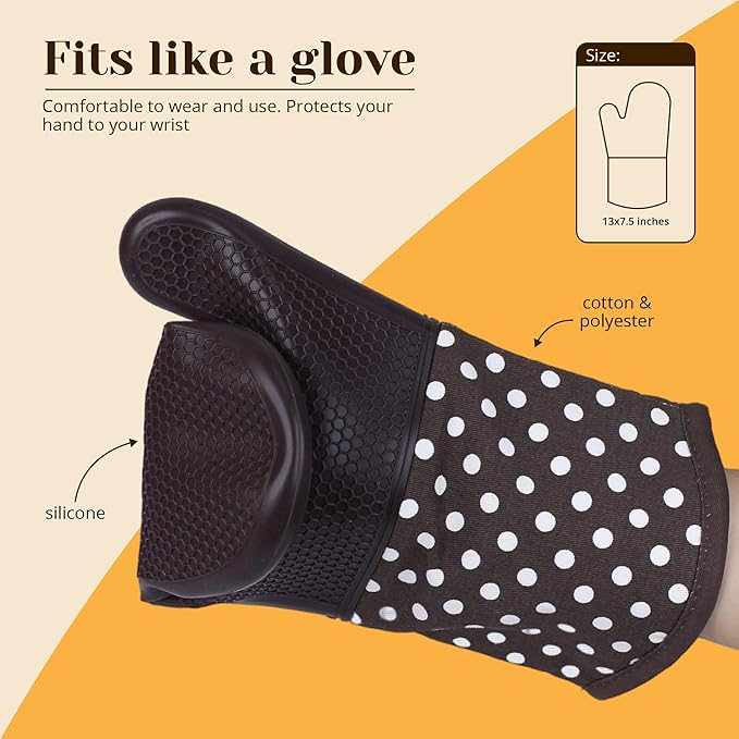 Amruta Pair of Silicone Shell Oven Mitts, 2 Pieces Heavy Duty Baking Kitchen Mitts for BBQ Microwave Stove, Heat-Resistant up to 500F, Oven Glove with Silicone Textured Grip (13 x 7.5 in, Coffee)
