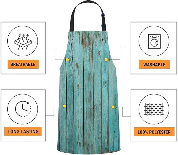 oFloral Vintage Rustic Wood Turquoise Teal Apron Unisex Adjustable Bib Apron Cooking Kitchen Chef Women Men Aprons for Home Kitchen, Restaurant,Coffee House,Shop,Garden
