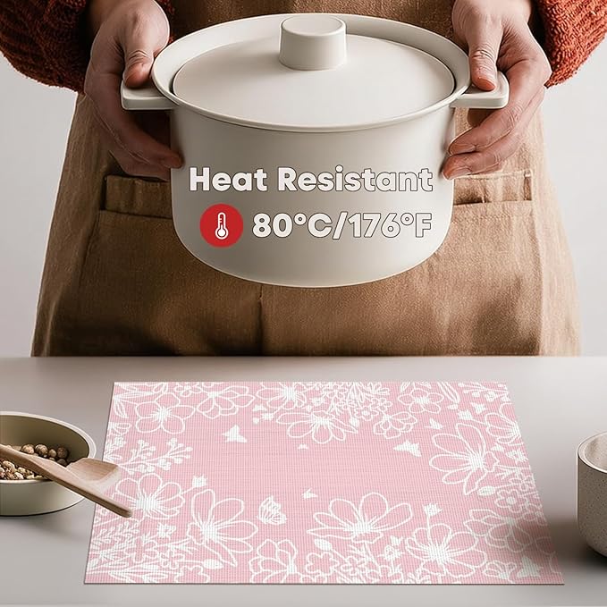 Artoid Mode Pink Weed Wild Flower Vinyl Plastic Placemats Set of 4, 12x18 Inch Woven Washable Non-Slip PVC Place Mats for Party Kitchen Dining Decor