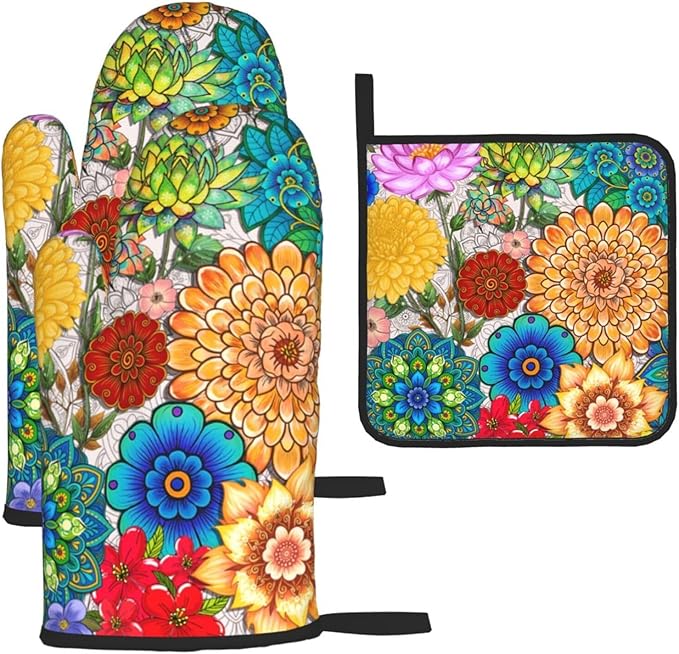 Boho Floral Pot Holders and Oven Mitts Set of 3, Colorful Flowers Baking Gloves Hot Pads, Heat Resistant Kitchen Mitts for Oven, Baking Gifts & Housewarming Gifts for Women Chef Baker Hostress Mom