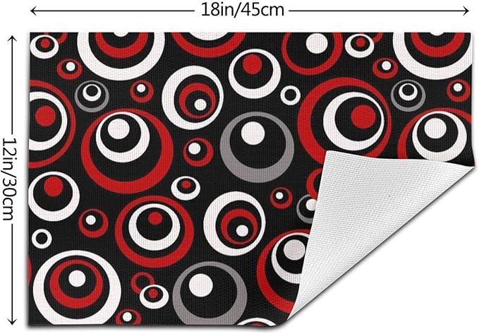 Set of 4 Modern Geometric Black Red and White Circles Patterned Linen Placemats, 12 x 18 Inch Non-Slip Heat Resistant Abstract Art Red Black Table Mats for Kitchen Home Party Dining Table, Home Decor