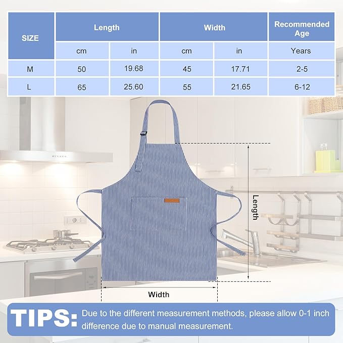 2 Pack Stripes Kids Apron, Kids Cooking Aprons with 2 Pockets, Cute Aprons for Cooking for Boys and Girls