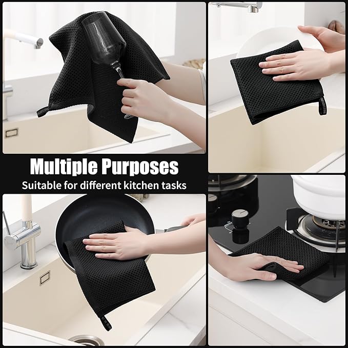 Kitinjoy 100% Cotton Kitchen Towels and Dishcloths Set, 8 Pack-13" x 28" and 12" x 12" Waffle Weave Dish Towels, Ultra Soft Absorbent Quick Drying Dish Rags, Black
