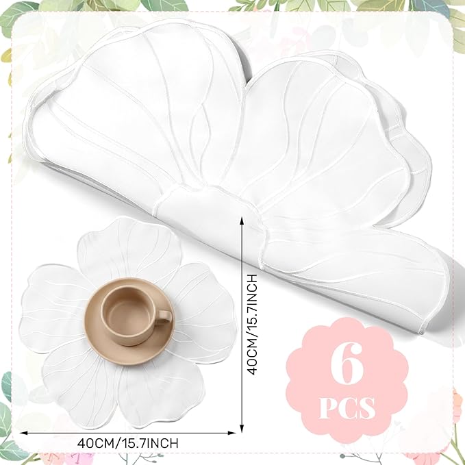 Moukeren Set of 6 Elegant Floral Placemat 16'' Flower Shaped Place Mat Flower Embroidery Table Mat for Wedding Bridal Shower Baby Shower Mother's Day Party Kitchen Dining Table Decor(White)