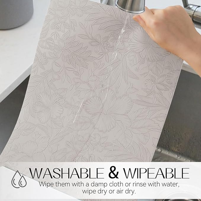 Romanstile Vinyl Placemats Set of 4-12 X 17 Inch - Heat Resistant Non-Slip Embossed Floral Place Mats 100% Waterproof Oilproof Wipeable Faux Leather Table Mats for Kitchen/Dining/Party, LightGrey