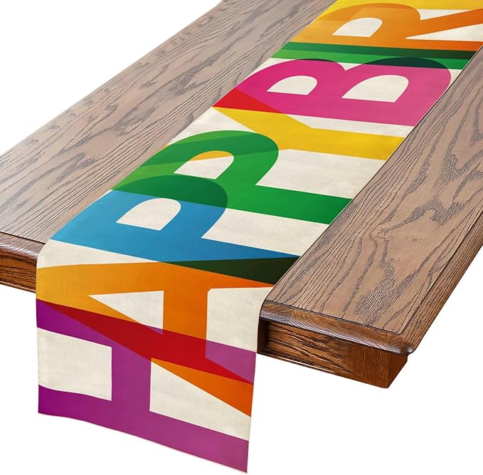 Happy Birthday Table Runner Colorful 13x72 Inch Polyester Linen Table Decoration for Kitchen Dinning, Indoor Outdoor Home Party Desktop Decor (Colorful)