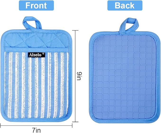 Alselo Silicone Pot Holders Set of 3 Heat Resistant & Non Slip Potholders, Professional Oven Hot Pads with Pockets Mitts for Kitchen Cooking Baking Barbecue (3, Blue)