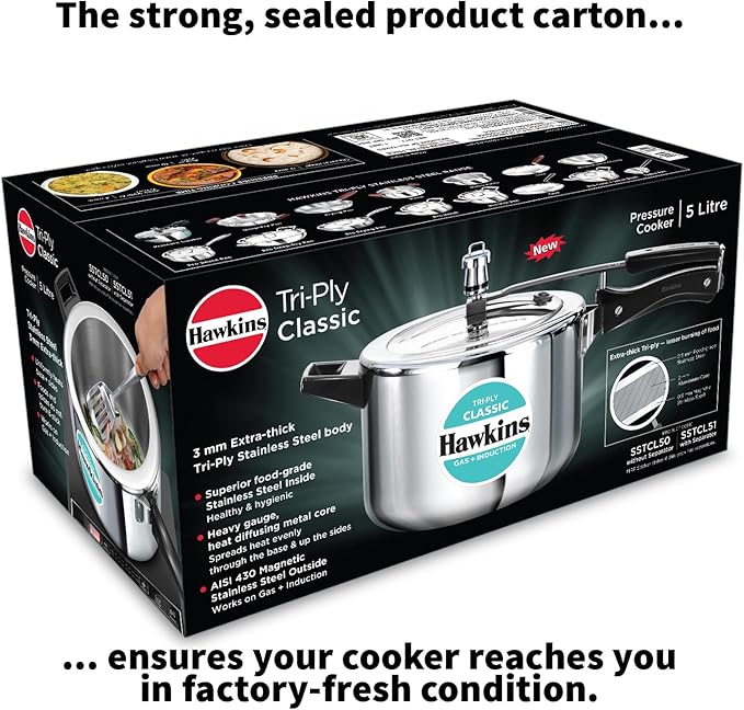 Hawkins Classic 5 Litre Tri-Ply Pressure Cooker, Triply Stainless Steel Inner Lid Cooker, Silver (SSTCL50)
