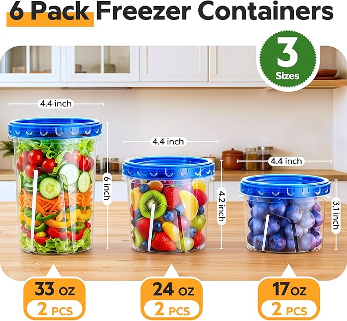 HOMETALL Freezer Storage Containers, [6 Pack- 33/24/17 OZ] Airtight Plastic Food Storage Containers with Twist Top Lids, Soup, Meal Prep Containers | BPA Free | Stackable | Leakproof | Microwave Safe