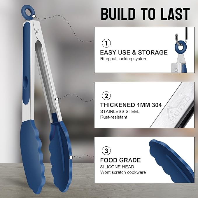 HOTEC Premium Stainless Steel Locking Kitchen Tongs with Silicon Tips, Set of 3-7", 9" and 12" (Classic Blue)