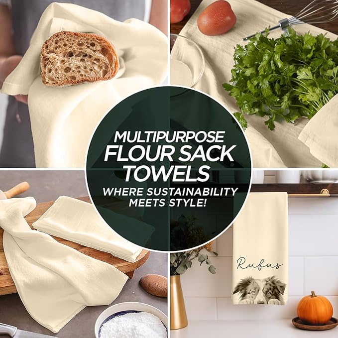 Flour Sack Kitchen Towels |Organic Cotton Blank Towel| Tea Towel Crafting Embroidery|Flat Thick Absorbent Quick Dry | Baking Bread Proofing Breathable Linen Cloth Cover Set of 10, 28 x 28 Inch, Ivory
