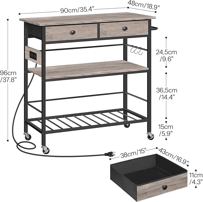 HOOBRO Kitchen Island with Storage, Rolling Island Cart for Kitchen with 2 Drawers & Outlet, 3 Tier Coffee Station and Microwave Stand, Kitchen Island Table for Home, Greige BG08UZD01