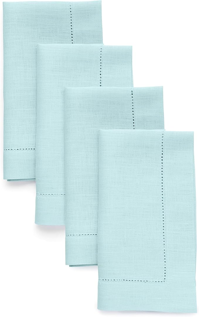 Solino Home Aqua Blue Linen Napkins Set of 4-100% Pure Linen Hemstitch Dinner Napkins 20 x 20 Inch for Spring, Summer, Mothers Day - Classic Hemstitch