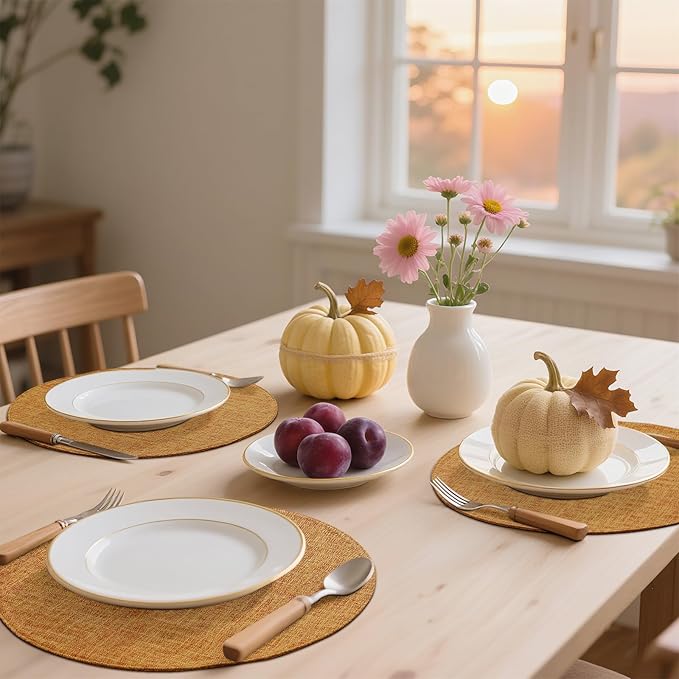 homing 15 Inch Round Cloth Placemats Set of 6, Cotton Linen Blend Washable Table Mats, Farmhouse Dining Place Mats for Indoors & Outdoors, Easy to Clean, Amber