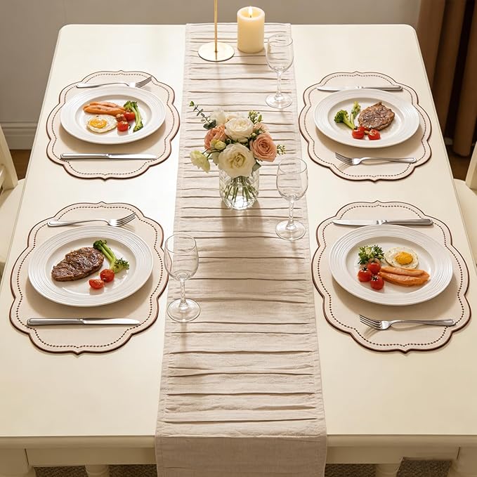 Cotton Linen Placemats Set of 4 - Double Layered, Luxury Scalloped Embroidered Cloth Table mats - Holidays, Christmas, Washable Mat, 16 x 13 inch (Beige)