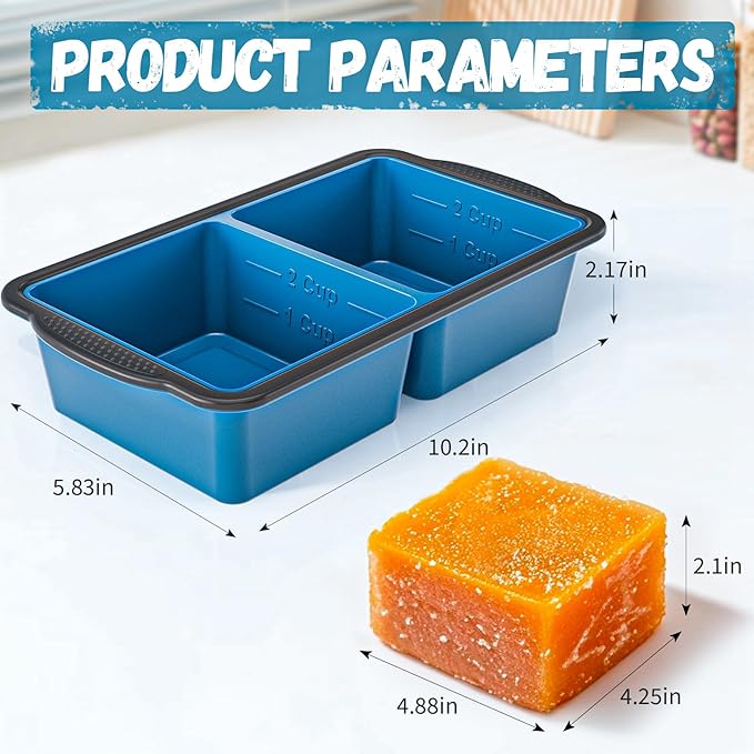 GORCI Silicone Freezer Tray With Lid, 4 Large 2 Cup Soup Freezer Molds, Soup Freezer Container for Meal Prepping, Large Ice Cube Tray， Perfect for Storing Leftovers, Sauces, Lasagna, 2-Pack
