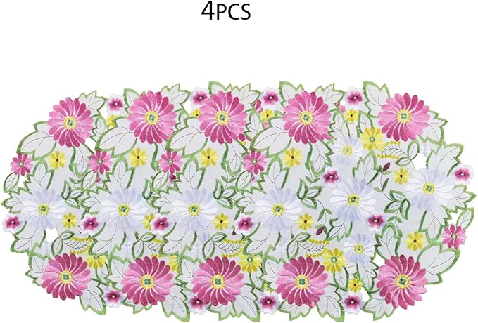 AMARED Spring Daisy Placemats Set of 4 Embroidered Flowery Applique Floral Cutwork Table Mats for Home Decoration (Round 14 Inch)