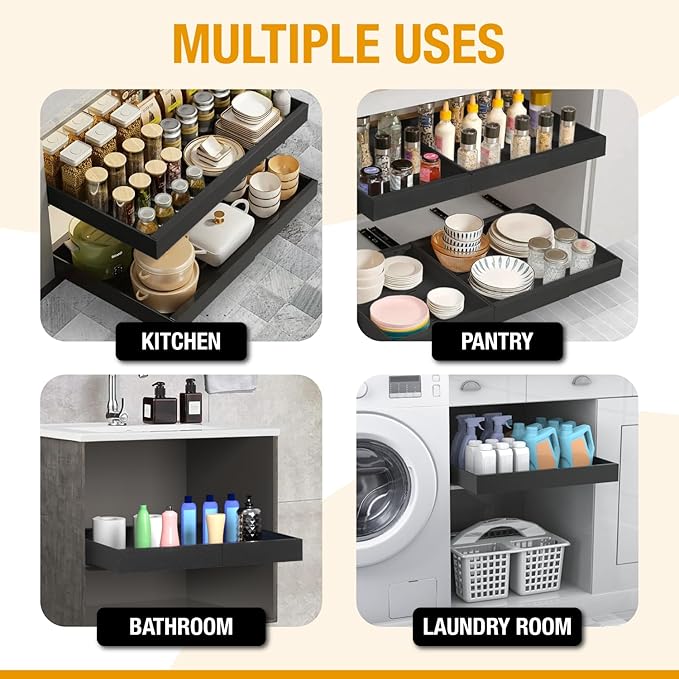 Expandable Pull Out Drawers for Cabinets (White): Kitchen and Pantry Organizer, Sliding Cabinet Organizer with Adhesive, Under Sink and Pots Storage, 12.5"-20.5". Adjustable Shelf Solution