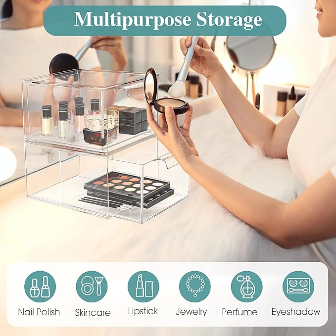 SpaceHacks 6 Pack Stackable Makeup Organizer and Storage, Acrylic Organizers，Clear Plastic Storage Drawer with Pull-Out Handles for Vanity, Undersink, Kitchen Cabinets, Pantry