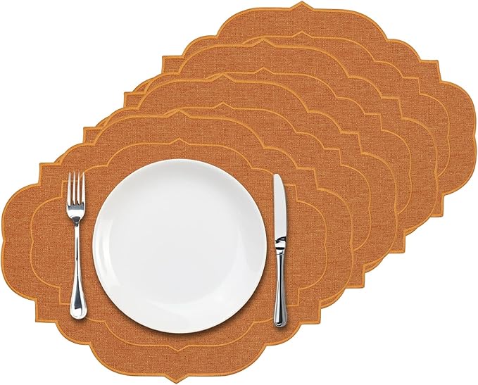 Cotton Linen Oval Placemats Set of 4, HADEEONG Table Mats Cloth Placemats, Washable Wrinkle Resistance, Scalloped & Embroidered Fabric Placemats, 17.71 x 13.77inch (Orange, 4)