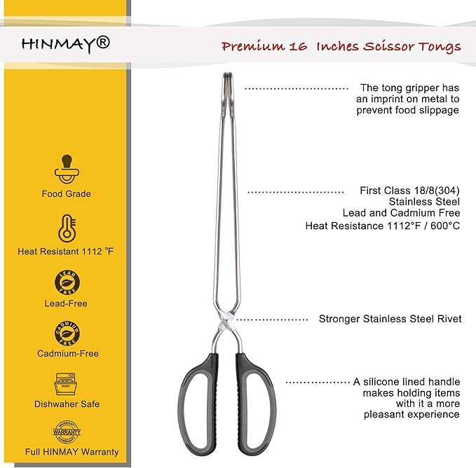 HINMAY Scissor Tongs 16-Inch Extra Long Stainless Steel Barbecue Grilling Tongs (Black Handle)