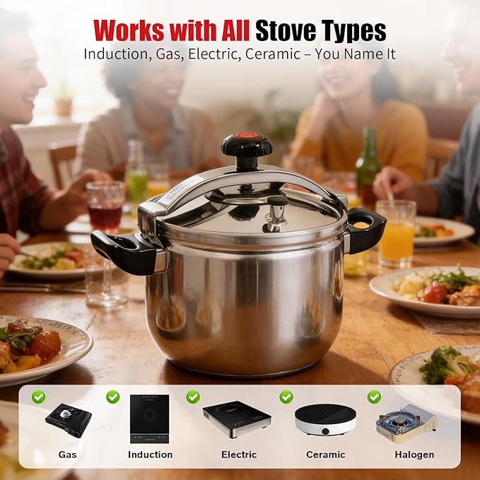 9.5 Qt Pressure Cooker, Stainless Steel Large Capacity Pressure Canner with Double Valves, Clamp On Type Commercial Pressure Stewing Pot for Hotels, Restaurants, Family (9.51 Qt)