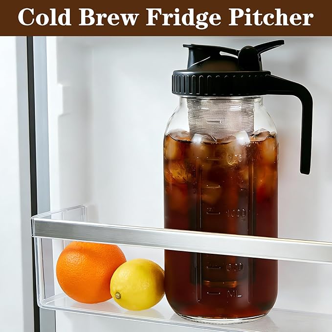 Cold Brew Coffee Maker, 64oz Mason Jar Pitcher with Airtight Lid and Stainless Steel Filter, 1 Quart Wide Mouth Glass Jar Cold Brew Coffee Kit Tea Infuser Pitcher, Coffee Lovers Gifts for Men/Women