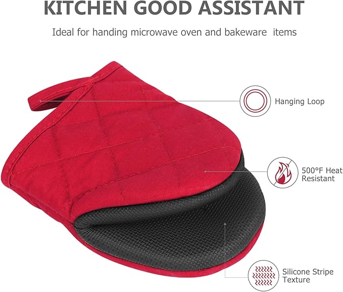 Short Oven Mitts, Heat Resistant 500°F, Silicone Grip Kitchen Gloves, Non-Slip for Baking, Grilling, BBQ, Machine Washable with Hanging Loop, 2-Pack Set, Red