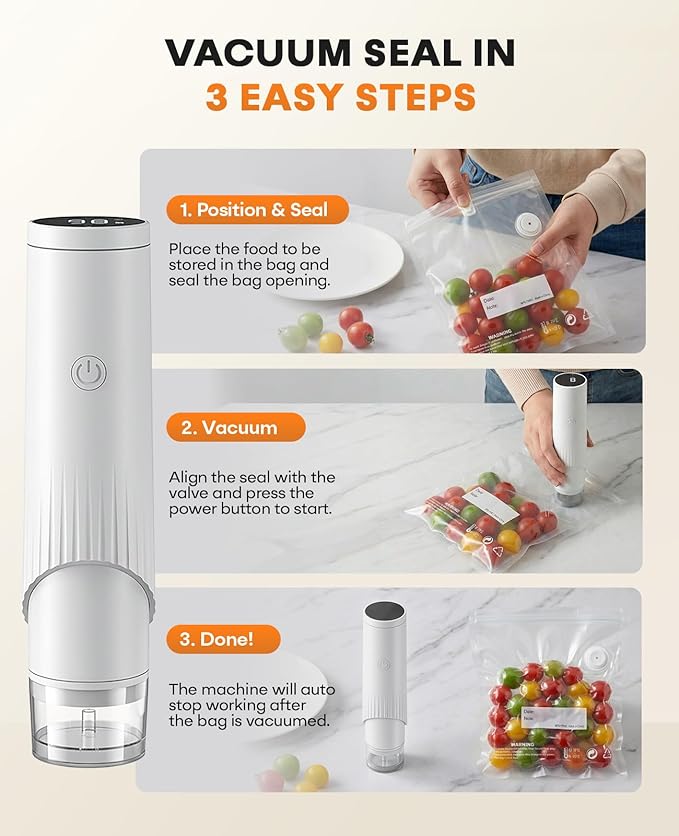 1800mAh Compact Vacuum Sealer for Food, 80kPa Powerful Handheld Vacuum Sealer Machine with 30 Reusable Bags, LCD-Display, Visible Water Tank, Portable Cordless Food Sealer for Meal Prep