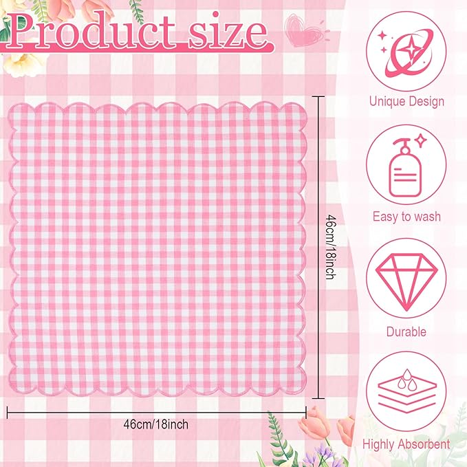 SmoothNovelty 12 Pack Buffalo Plaid Cloth Napkins 18x18 Inch Spring Checkered Cloth Napkins Scalloped Soft Cotton Table Mat Washable Reusable for Dinner Wedding Birthday Parties (Classic,Pink)