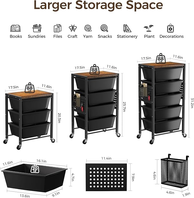 Rolling Cart with 4 Drawers, Plastic Drawer Storage Carts with Wheels & Wooden Tabletop, Metal Utility Cart with Pegboards, Office Living Room Classroom Craft Organization and Storage, Dark Black