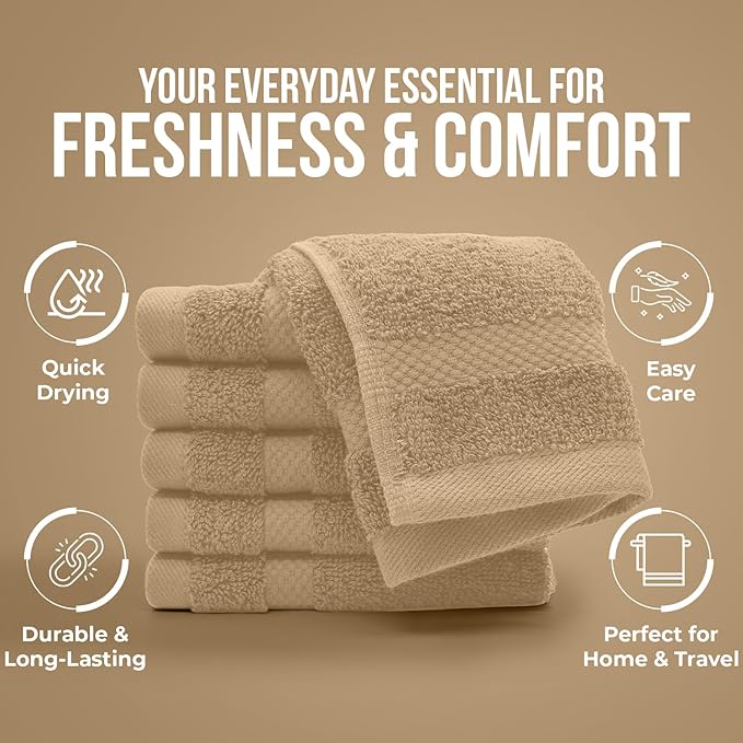 DAN RIVER 12-Pack Premium 100% Cotton Tan Face Towels for Bathroom - Reusable Face Wash Cloths for Showering 12x12 Inches - 550 GSM Super Soft & Absorbent Luxury WashCloths for Body, Spa & Gym