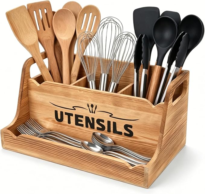 Noamus 15" Kitchen Utensil Holder with Spice Bottles Tray, Extra Large Wood Countertop Utensil Organizer with Handles, 4 Compartment Cooking Tool Storage Caddy for Home Decor Gift