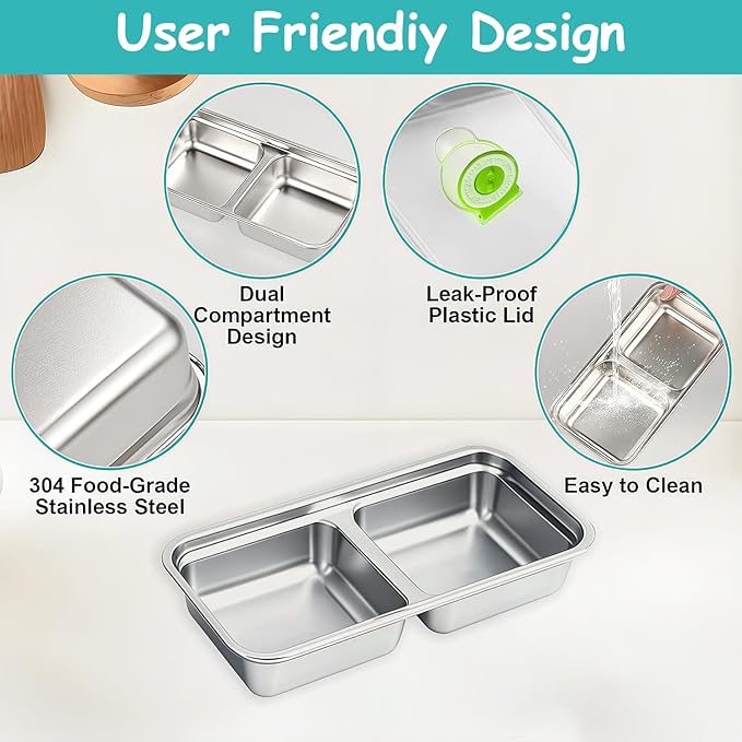 Stainless Steel Snack Containers, 6-Pack Reusable Grab and Go Containers with Lids, Dual Compartment Bento Box for Travel, Camping & Lunch Prep （Green