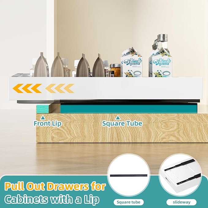 HBL' 1 Pack | 21" Deep Pull Out Cabinet Organizer Adhesive, (13.8" to 22.0") Width Expandable Sturdy Carbon Steel Roll-Out Drawers, Designed for Frameless Cabinets, Slide-Out Shelves for Pantry.