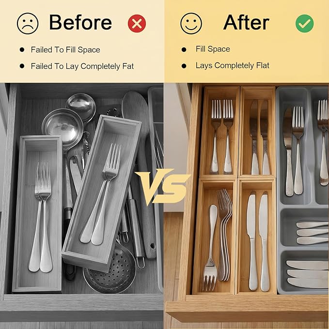 Lemecima Kitchen Drawer Organizer, Bamboo Utensil Tray Set of 4 for Silverware, Office, Bathroom & Pantry Storage, Natural Wood Compartments (11.8"x3"x2")