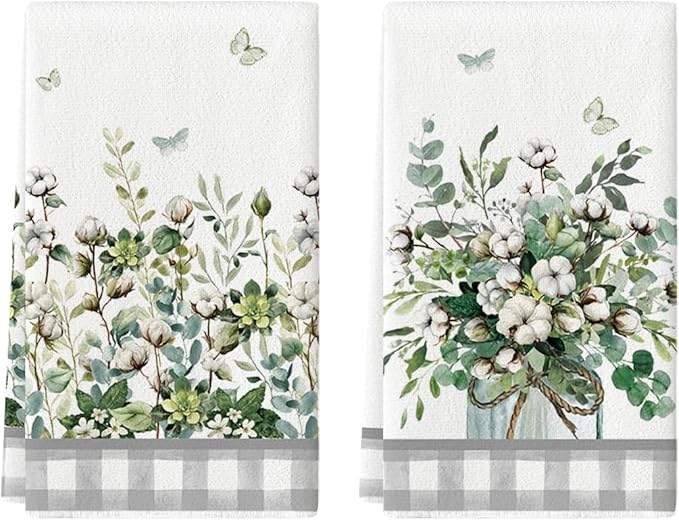 Artoid Mode Buffalo Plaid Butterfly Vase Spring Kitchen Towels Dish Towels, 18x26 Inch Farmhouse Summer Decoration Cleaning Set of 2