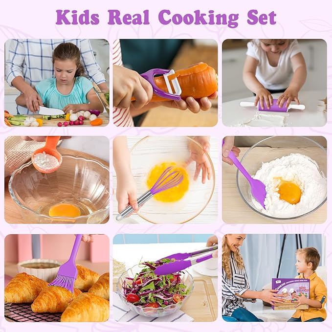 Kids Cooking Sets Real, Kids Cooking and Baking Set with Storage Case Kid Safe Knives Cutting Board Apron Cookbook Toddler Cooking Utensils, Montessori Kitchen Tools, Birthday Gifts for Girls Boys