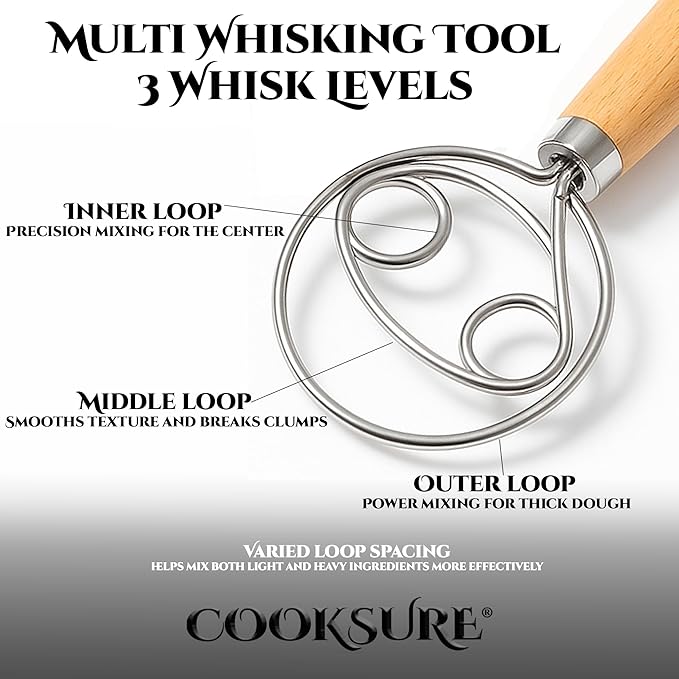 Danish Dough Whisk for Sourdough Bread – 13 Inch Bread Whisk with Wooden Handle – 304 Stainless Steel Hook for Heavy Dough Baking, Swedish Dough Whisk Tool