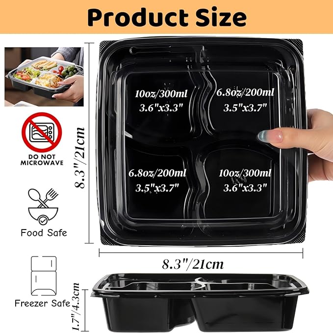 Noamus 30 Pack (60-Pcs) Meal Prep Containers, 4 Compartment Bento Lunch Box with Lid, Disposable Plastic Food Storage To Go, 34oz Portion Control Take Out Box for Adult, Not Microwave Dishwasher Safe
