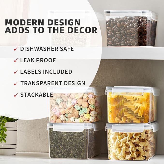 stusgo 3.2L (108 oz) 8PCS Airtight Food Storage Containers with Lids, BPA-Free Plastic Canisters for Pasta, Spaghetti & Kitchen Pantry Organization