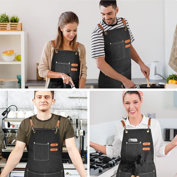 OUNLEN Chef Apron for Men Women Canvas Aprons with 3 Pockets Cross Back Resistant Work Apron for Cooking
