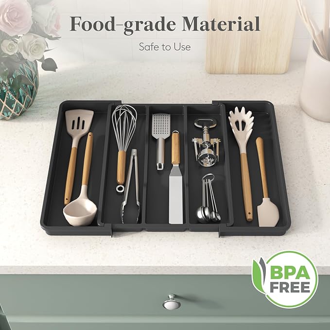 Lifewit Utensil Organizer, Adjustable Kitchen Drawer Organizer, Expandable Cooking Utensil and Cutlery Tray, Plastic Divider Holder Black 11.4-19.8" x 14.5"