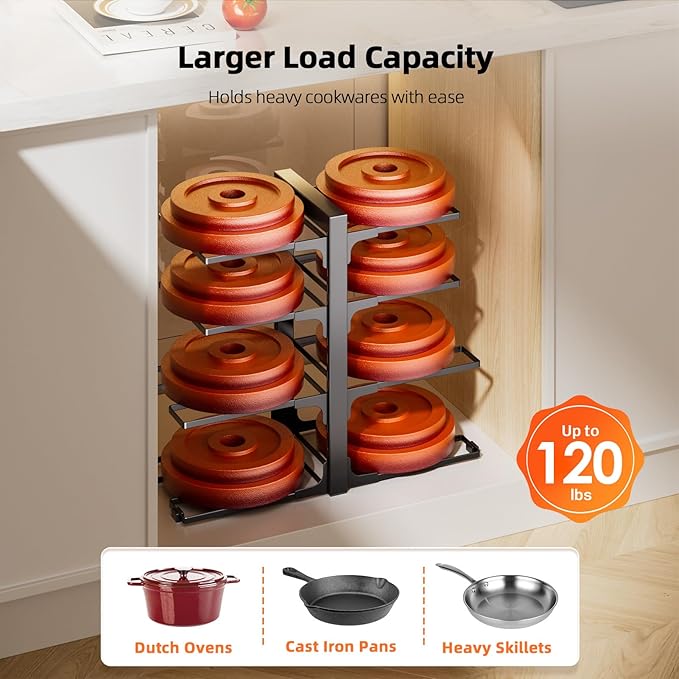MUDEELA Pots and Pans Organizer Rack under Cabinet 8-Tiers Adjustable Heavy Duty 120LBS Pot and Pan Organizer inside Cabinet for Kitchen Organizer Cast-iron Pans, Heavy Skillets Griddles, Shallow Pots