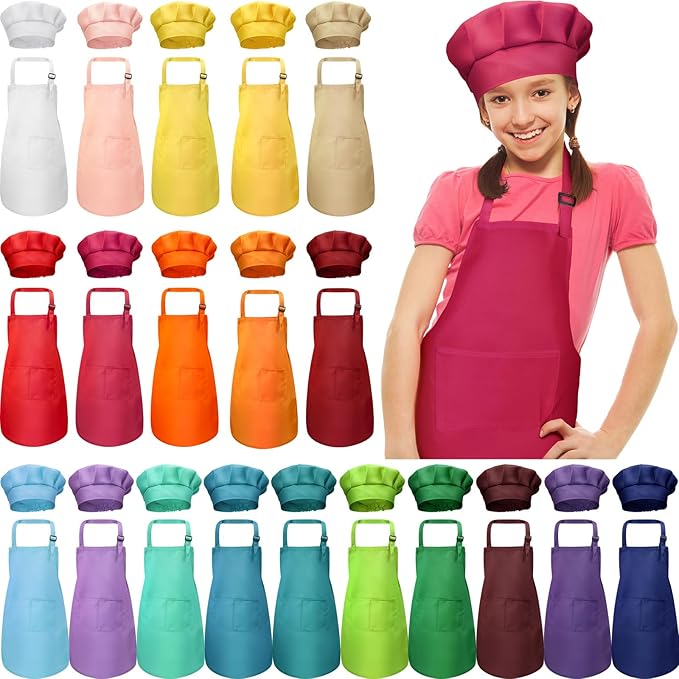 Handepo 40 Pcs Apron Chef Hat Set Aprons Chef 's Bib Apron Hats Bulk for Cooking Painting 7-13 Years