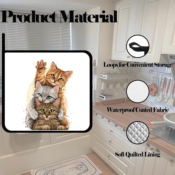 Three Cute Cats Pot Holders Set of 2,Kitchen Heat Resistant Potholders for Microwave Cooking Baking Oven and BBQ Gifts for Women