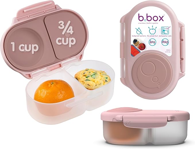 b.box Snack Box - Leakproof Mini Bento Box for Kids & Toddlers, 2 Compartment Snack Containers for Kids, Lunch Containers, Dishwasher Safe, BPA Free, PFAS Free, Ages 4m+, 1 3/4 Cup - Blush Crush