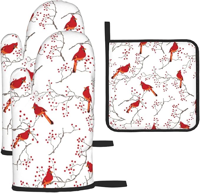 Cardinal Bird Red Berry Decor Oven Mitts and Pot Holders Sets of 3 Heat Resistant Non Slip BBQ Gloves for Cooking Grilling Baking Holiday Kitchen Decor