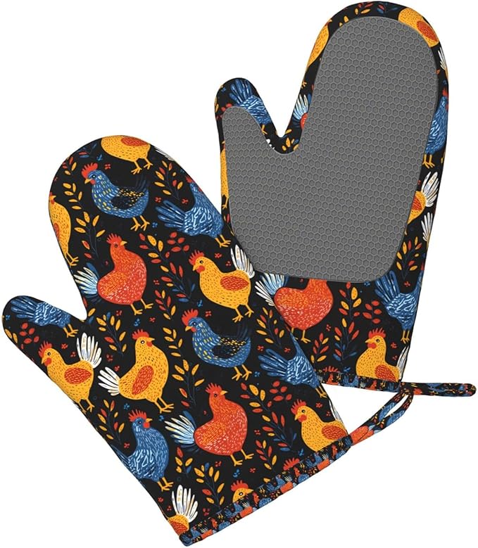 Chicken Silicone Oven Mitts Set of 2, Heat Resistant up to 500°F, Kitchen Oven Gloves with Non-Slip Grip and Soft Cotton Lining for Baking, Cooking and BBQ