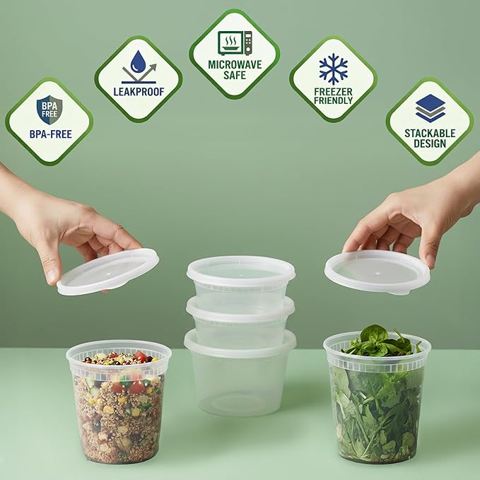 JoyServe 120 Sets Deli Containers with Lids – 8oz, 16oz & 32oz – Leak Proof, Microwaveable, Dishwasher & Freezer Safe – Plastic Food Storage & Soup Containers
